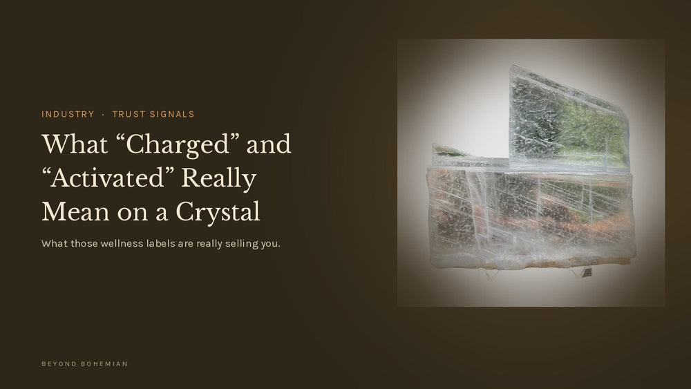 Clear selenite slab on a dark backdrop for an article on what charged and activated crystal labels mean
