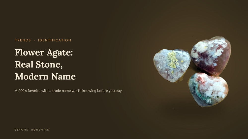 Three flower agate hearts on a dark backdrop for an article on what flower agate is