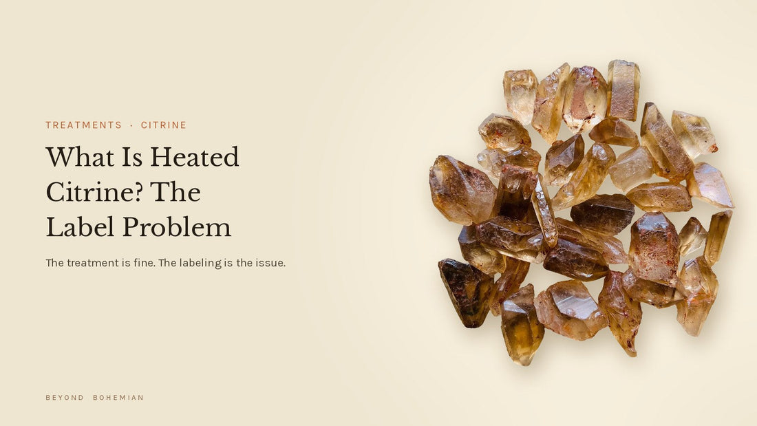 Natural citrine point chunks isolated on a warm linen backdrop for an article about heated citrine labeling