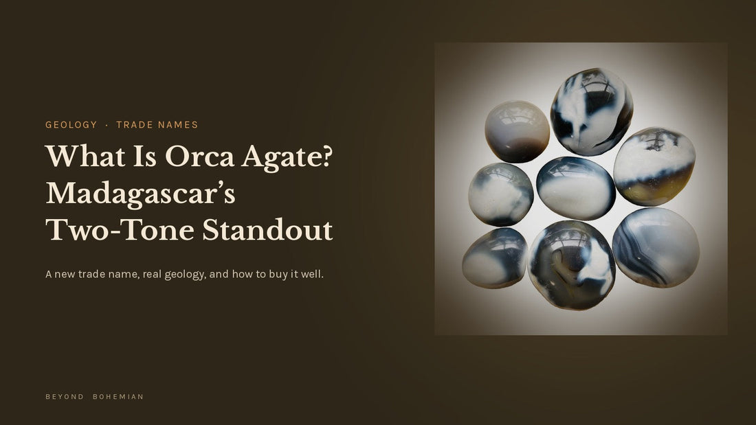 Orca agate palm stones with black and white banding from Madagascar on a white tile