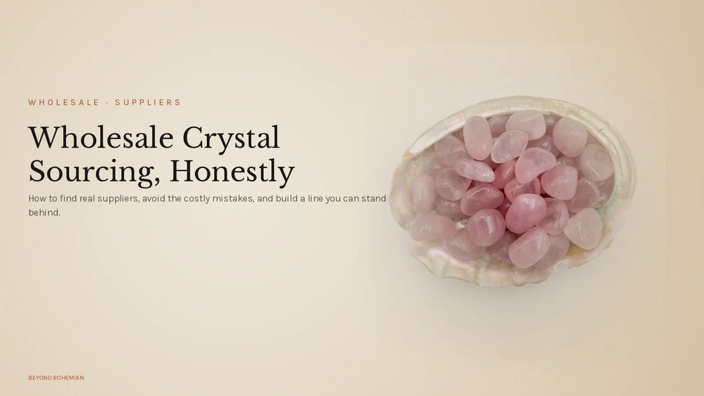 Tumbled rose quartz on warm linen backdrop for wholesale crystal sourcing guide article