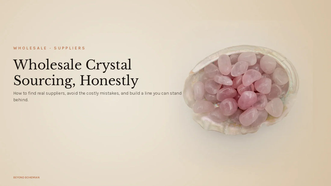 Tumbled rose quartz on warm linen backdrop for wholesale crystal sourcing guide article