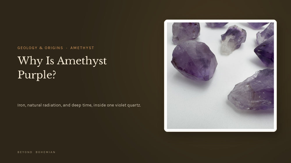 Brazilian amethyst points on a dark backdrop for an article on why amethyst is purple and the geology behind its color