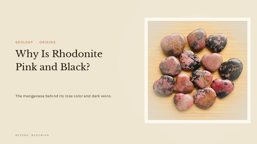 Pink and black rhodonite polished hearts on a geology article about manganese