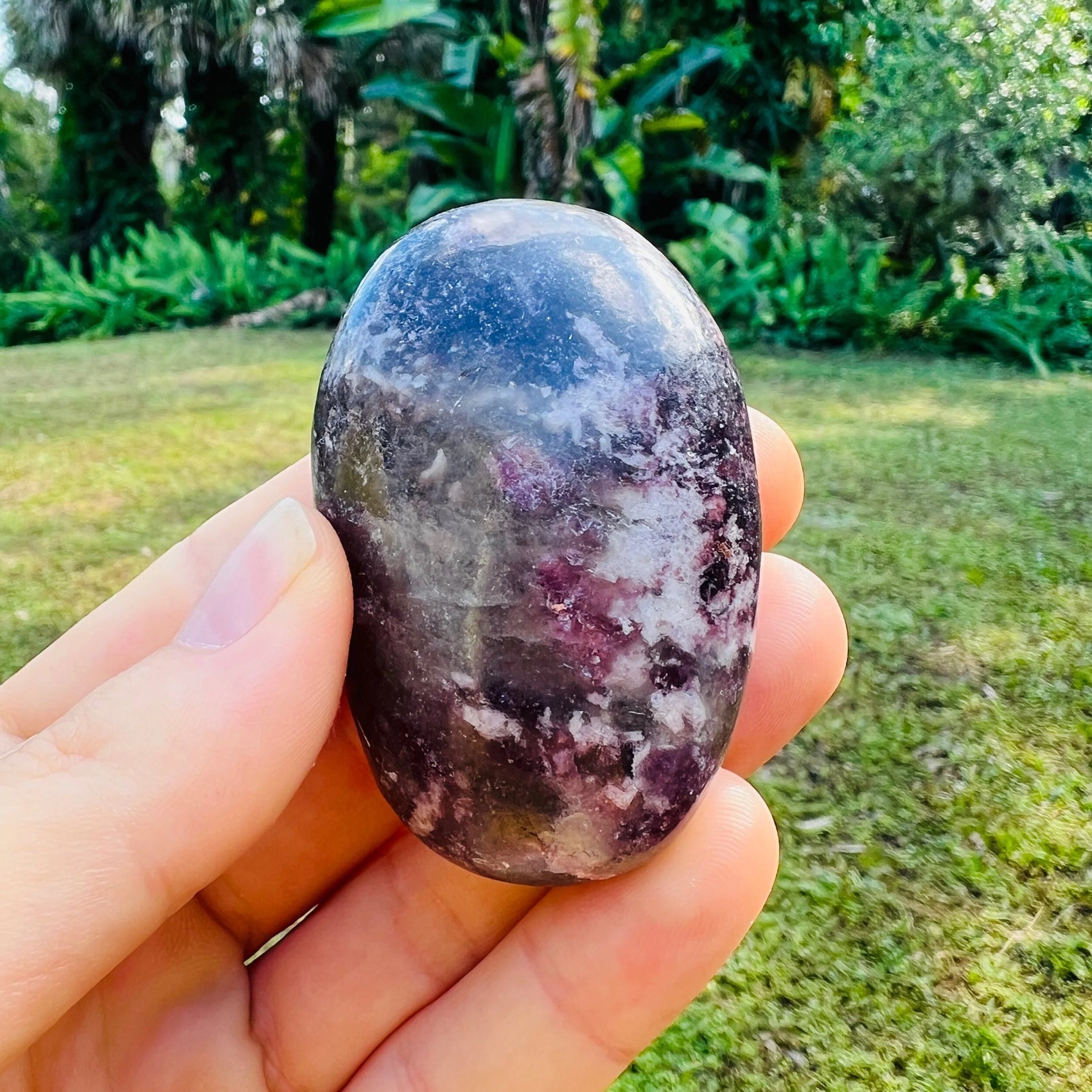 Handheld Lepidolite palm stone from Madagascar for meditation, Emotional Healing and Stress Relief