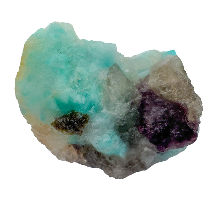 Amazonite Raw Stones, AA Grade, Madagascar: one raw piece on a white background, turquoise amazonite with gray translucent patches, a purple patch and darker rock