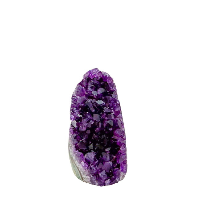 Primary crystal face of a 0.35 pound amethyst geode, no. 101, deep purple crystal lining a polished grey agate rind.