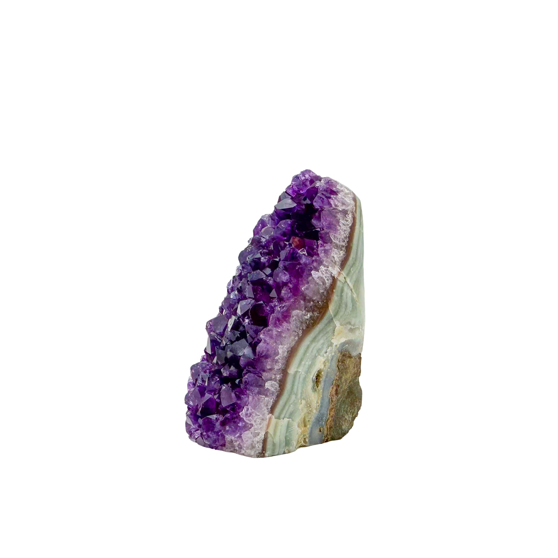 Polished amethyst geode no. 101 photographed at the angled three-quarter view, measuring 1.41 by 1.80 by 2.81 inches, Uruguayan AA grade.