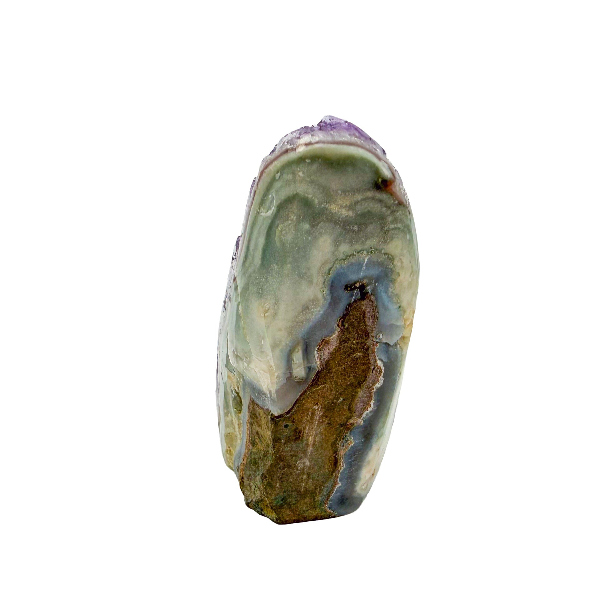 The left profile of amethyst geode no. 101, 2.81 inches of violet druzy standing on a flat cut base.