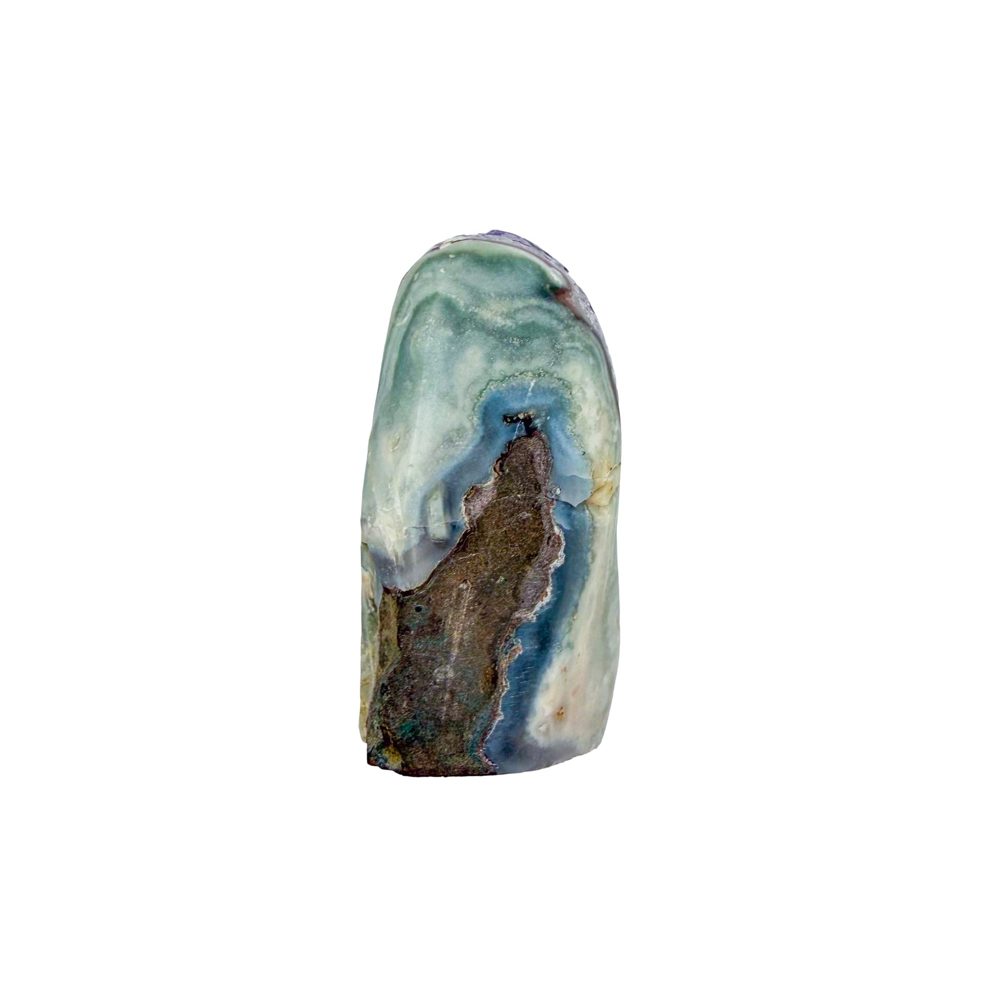 Uruguayan amethyst geode no. 101 at the top-down view, violet crystal interior framed by its polished agate shell, 0.35 lb.