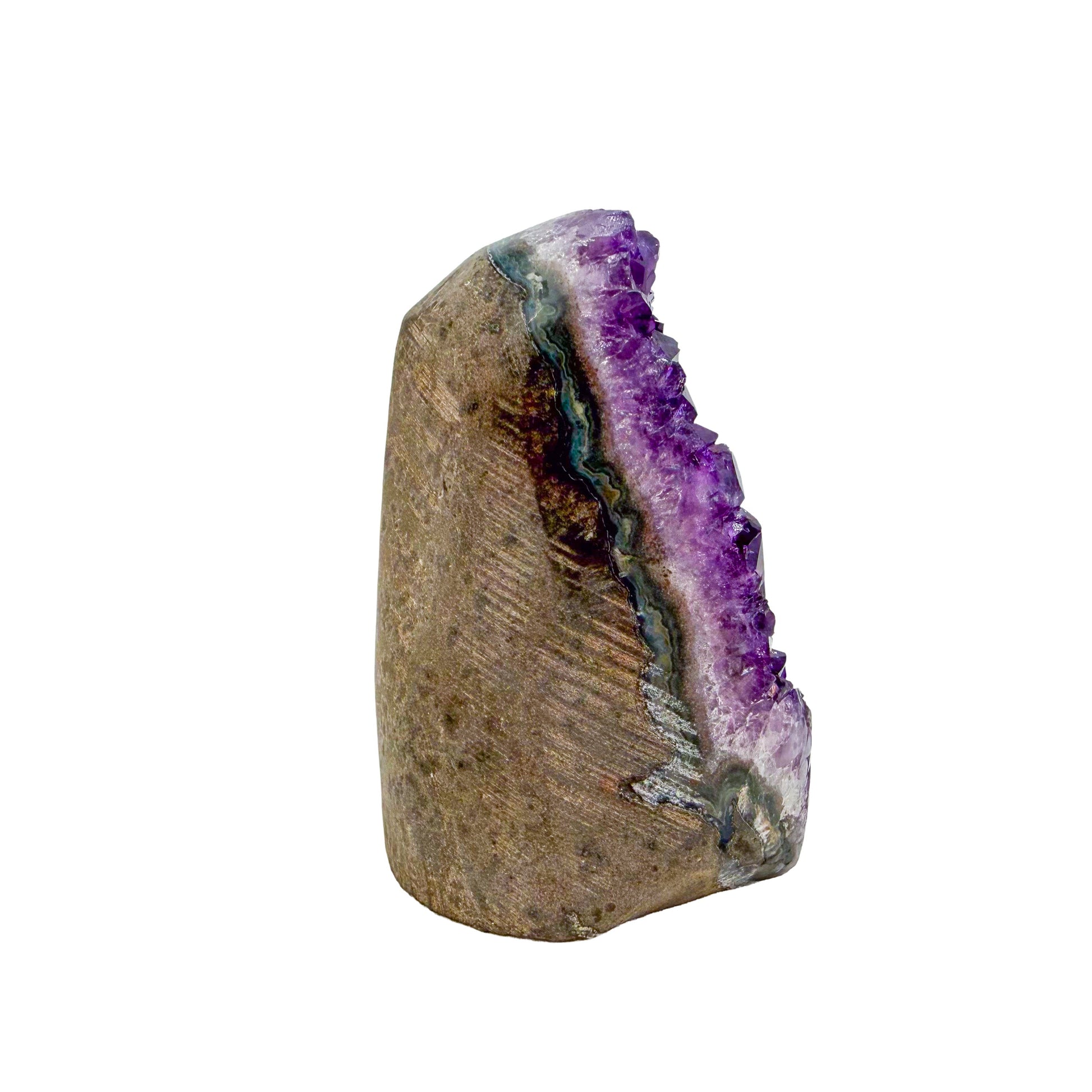 Right profile of AA amethyst geode no. 102, 1.71 inches across the polished face, natural and untreated.