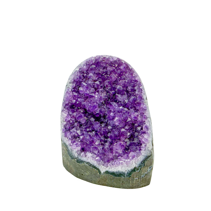 The primary crystal face of amethyst geode no. 103, 3.04 inches of violet druzy standing on a flat cut base.