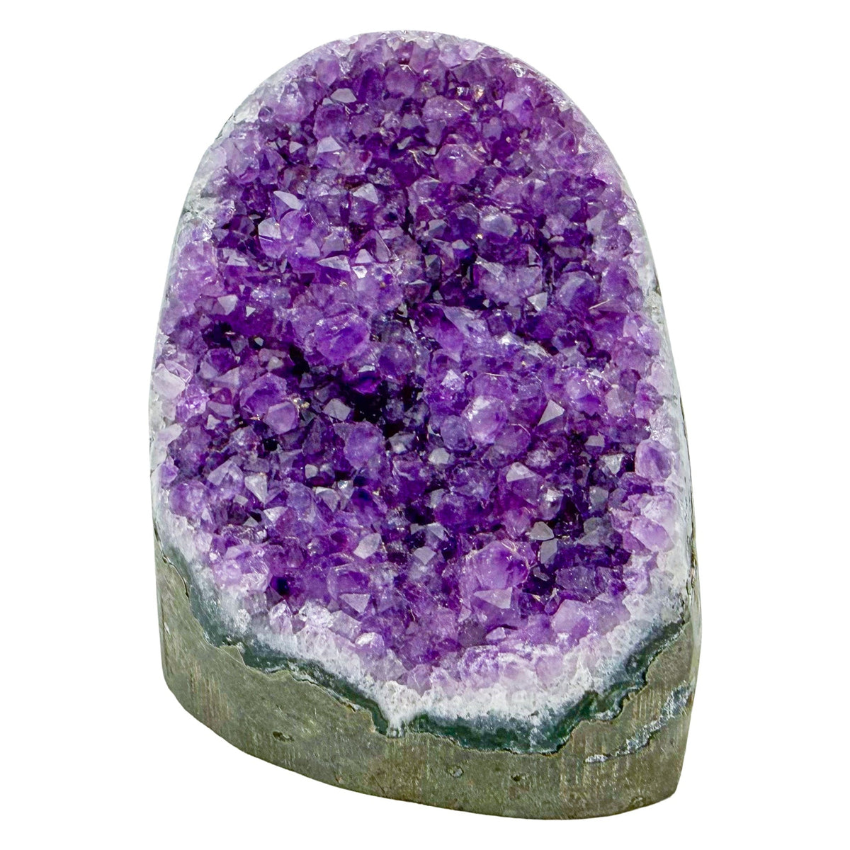 The primary crystal face of amethyst geode no. 103, 3.04 inches of violet druzy standing on a flat cut base.