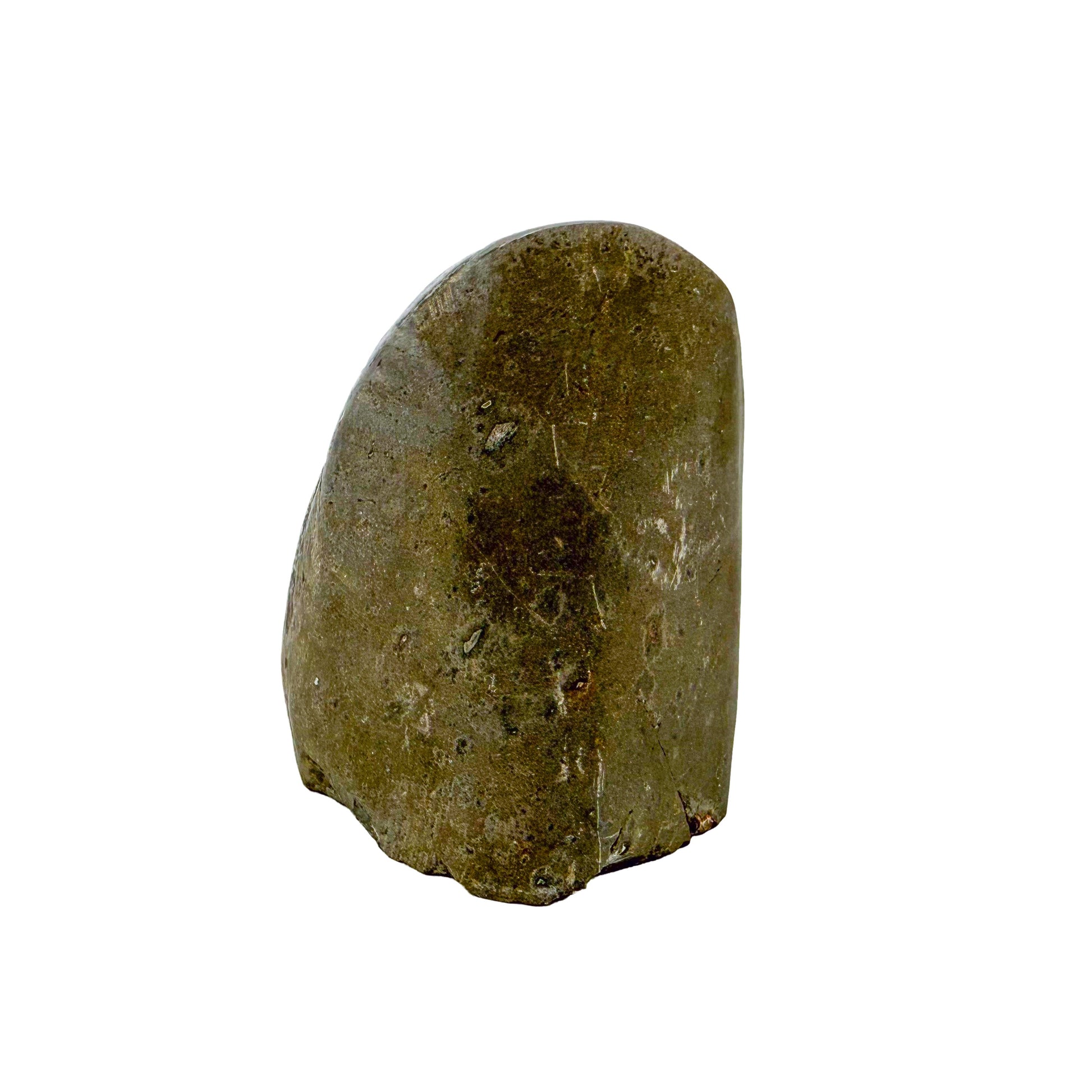 Left profile of AA amethyst geode no. 103, 2.45 inches across the polished face, natural and untreated.