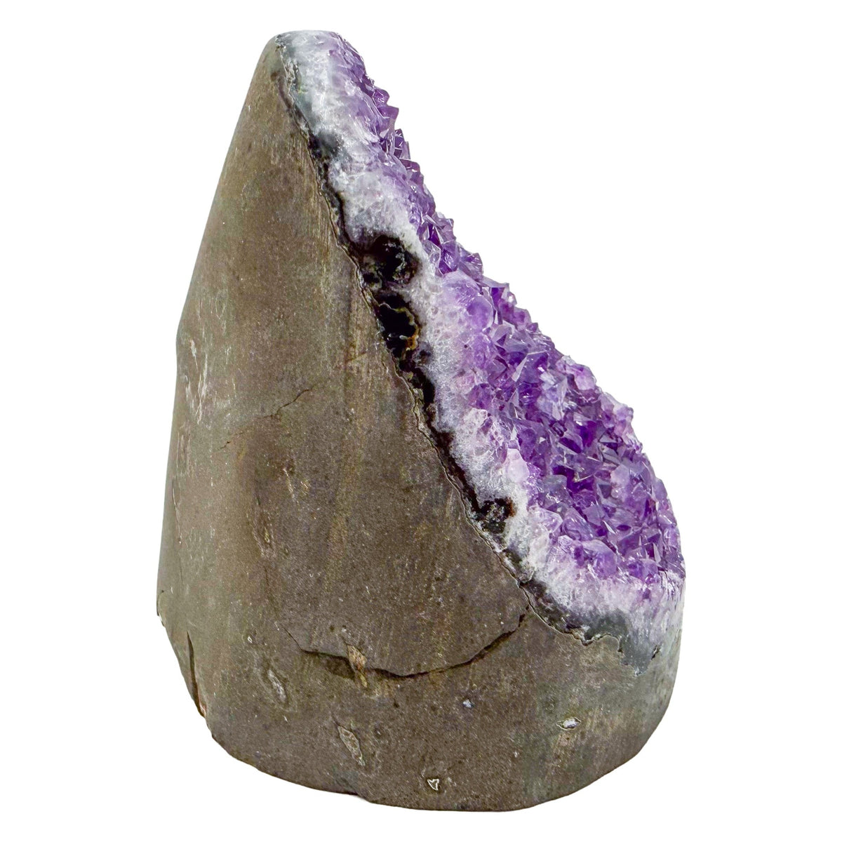 Uruguayan amethyst geode no. 103 at the right profile, violet crystal interior framed by its polished agate shell, 0.85 lb.