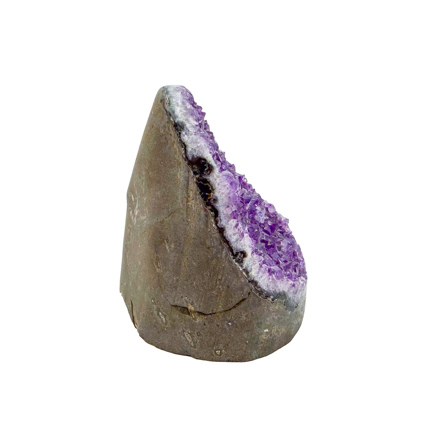 Uruguayan amethyst geode no. 103 at the right profile, violet crystal interior framed by its polished agate shell, 0.85 lb.