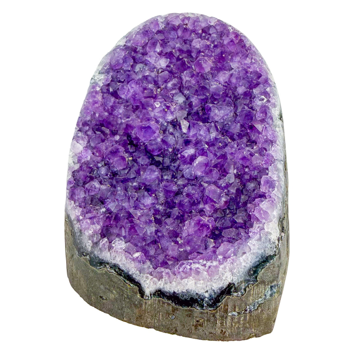 AA-grade amethyst polished geode no. 103 from Artigas, Uruguay, reverse side, violet druzy interior on a cut base, 3.04 inches tall.