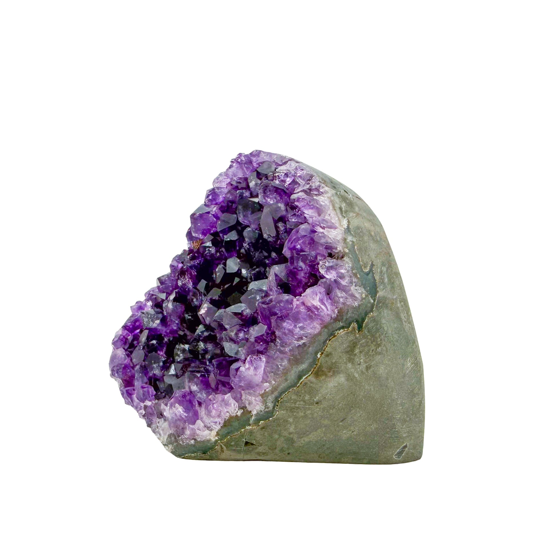Angled three-quarter view of AA amethyst geode no. 104, 2.68 inches across the polished face, natural and untreated.