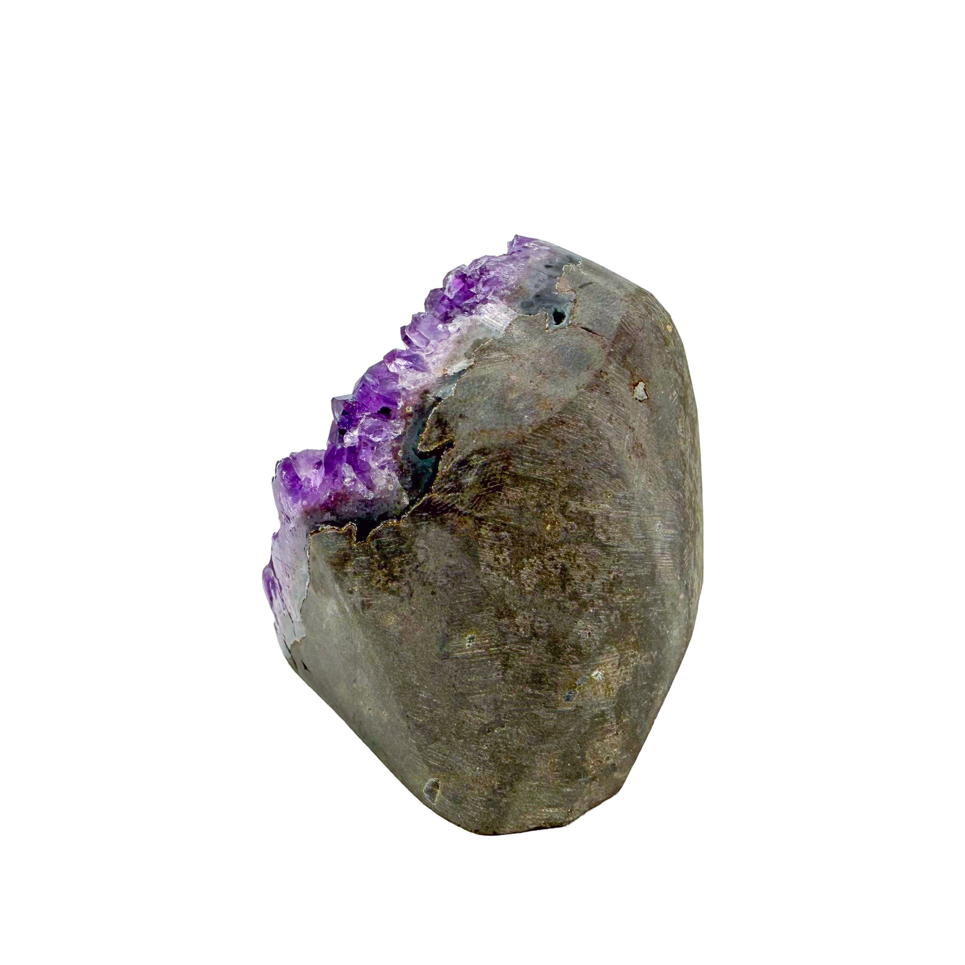 Uruguayan amethyst geode no. 104 at the left profile, violet crystal interior framed by its polished agate shell, 0.66 lb.