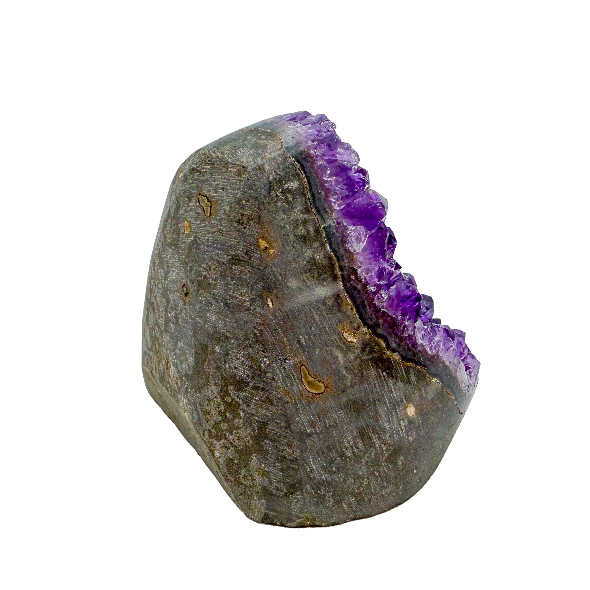AA-grade amethyst polished geode no. 104 from Artigas, Uruguay, right profile, violet druzy interior on a cut base, 2.35 inches tall.