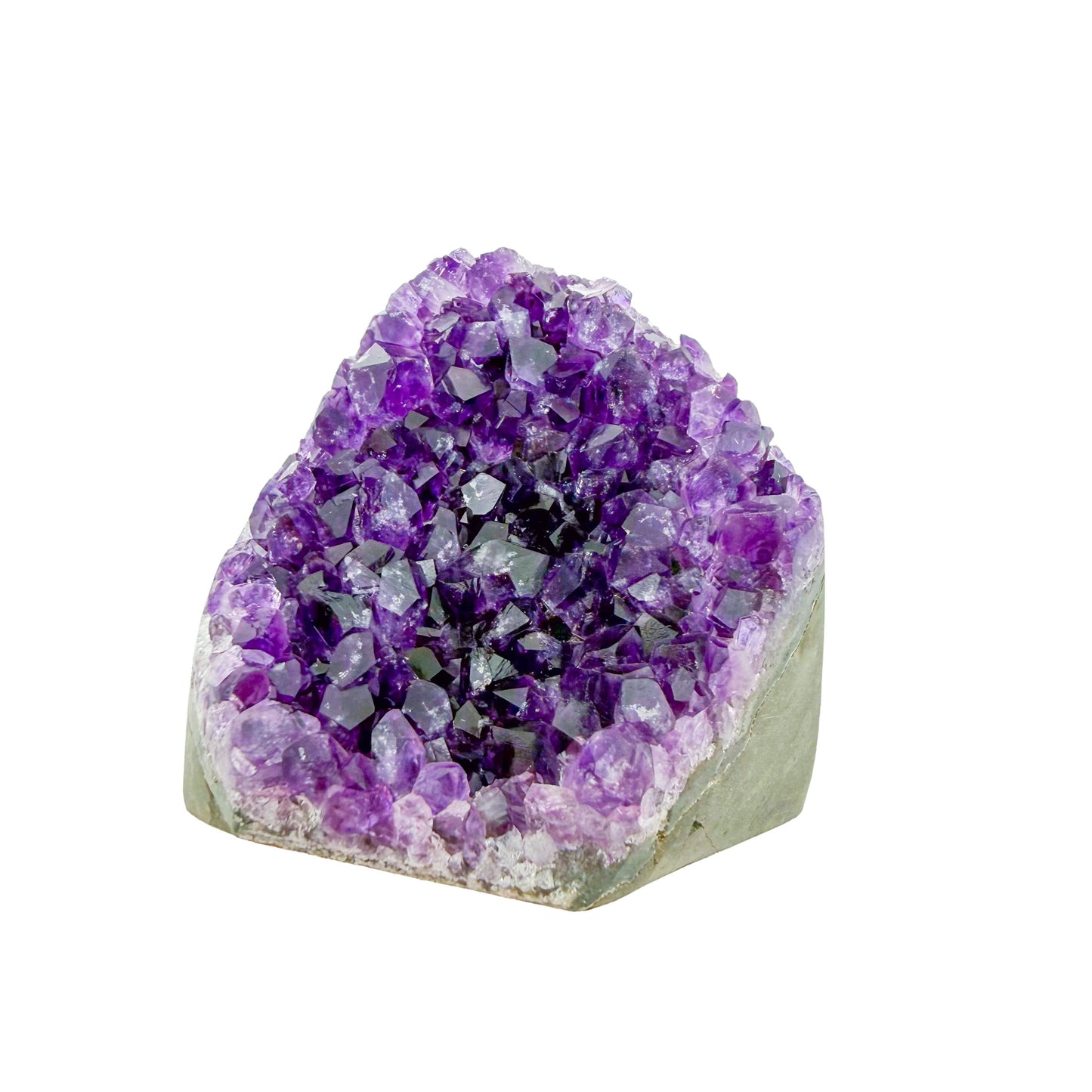 Reverse side of a 0.66 pound amethyst geode, no. 104, deep purple crystal lining a polished grey agate rind.