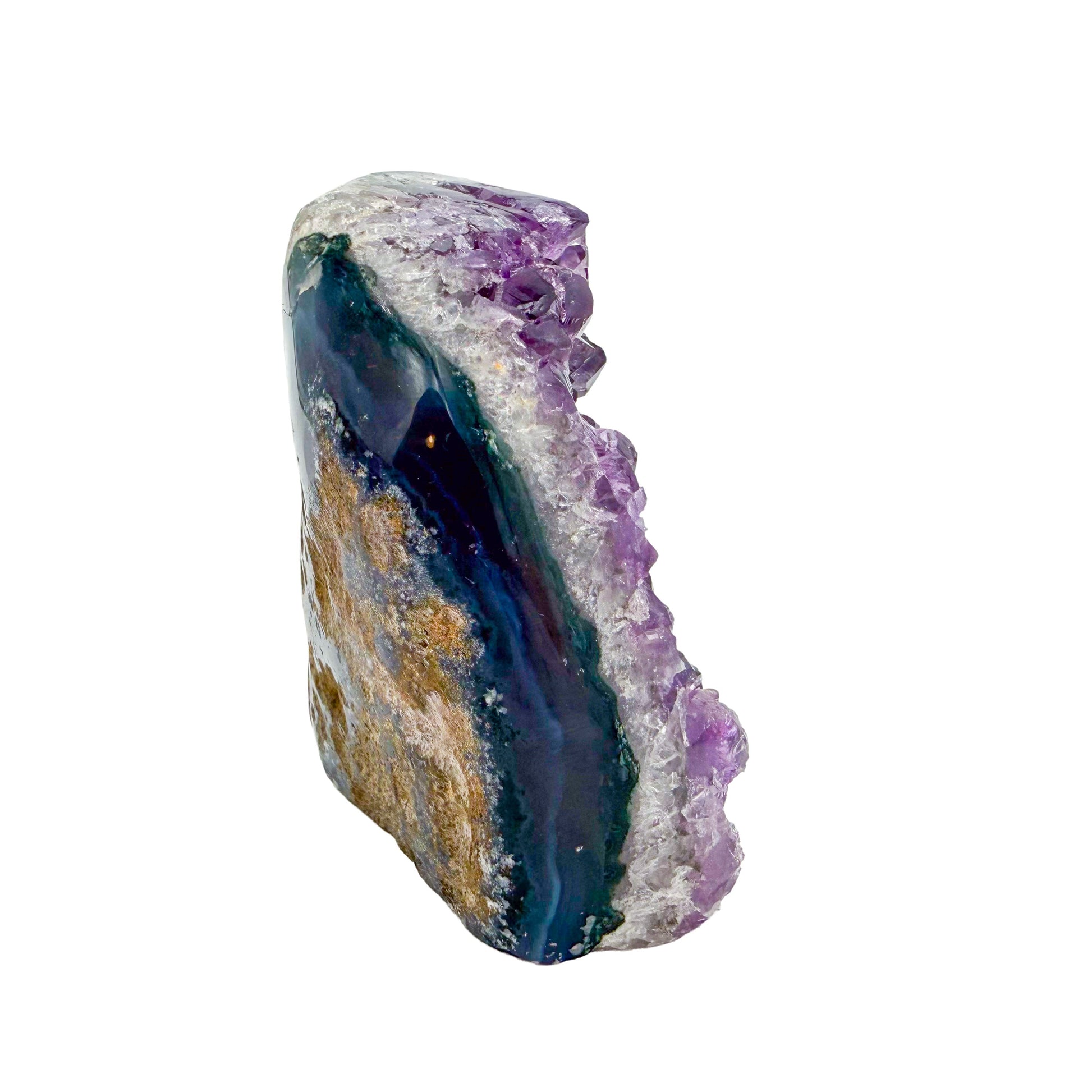 Right profile of a 0.72 pound amethyst geode, no. 105, deep purple crystal lining a polished grey agate rind.