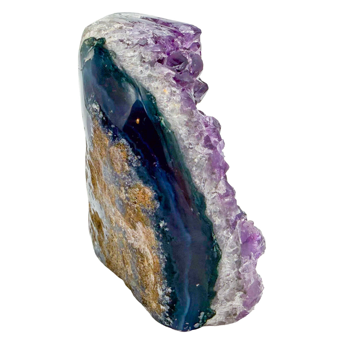 Right profile of a 0.72 pound amethyst geode, no. 105, deep purple crystal lining a polished gray agate rind.