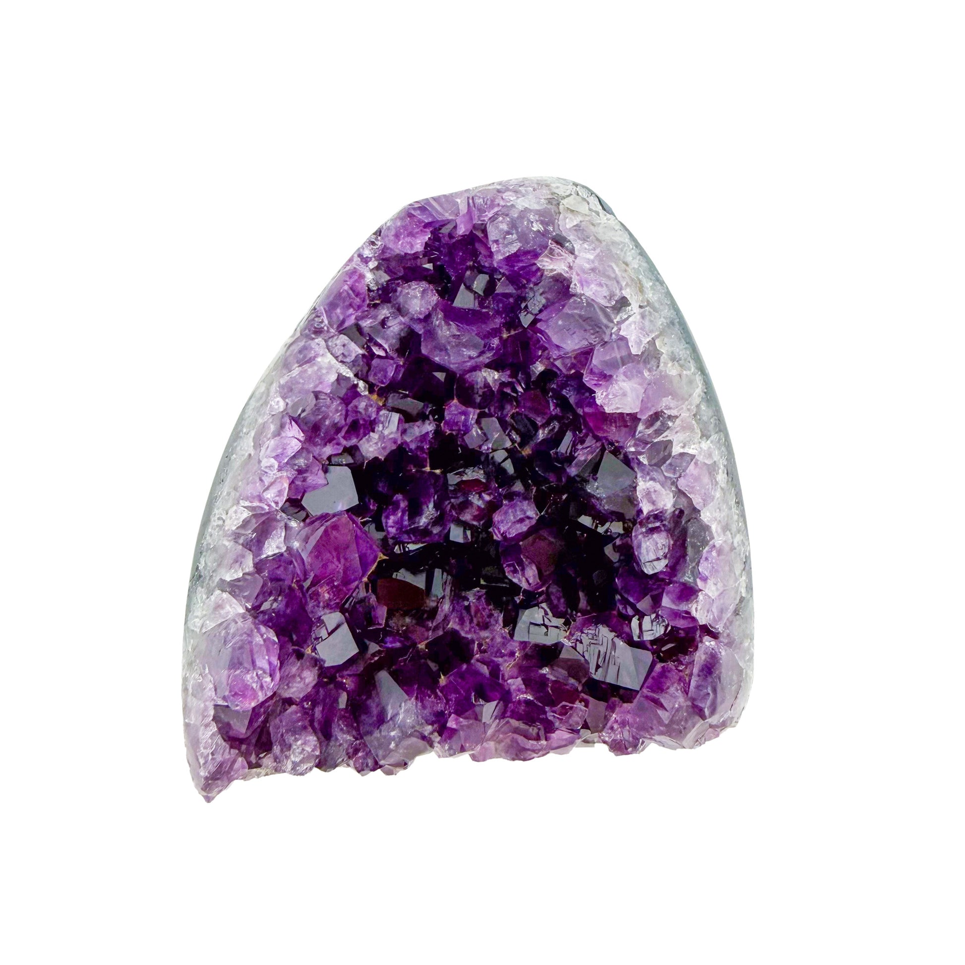 Polished amethyst geode no. 105 photographed at the reverse side, measuring 2.95 by 1.30 by 2.93 inches, Uruguayan AA grade.