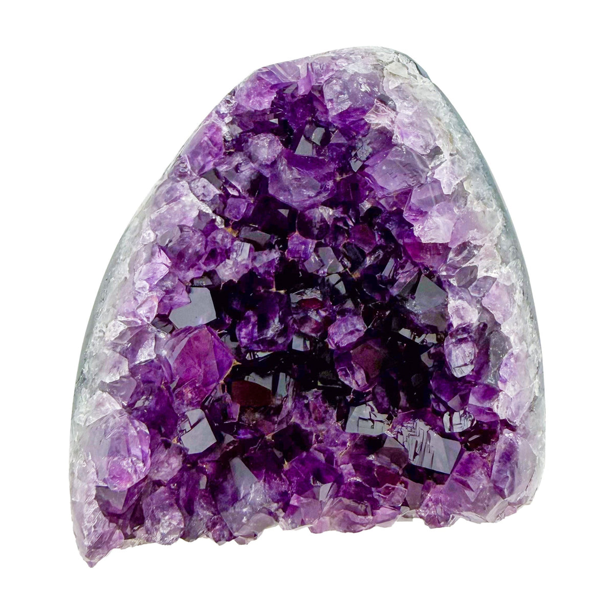 Polished amethyst geode no. 105 photographed at the reverse side, measuring 2.95 by 1.30 by 2.93 inches, Uruguayan AA grade.