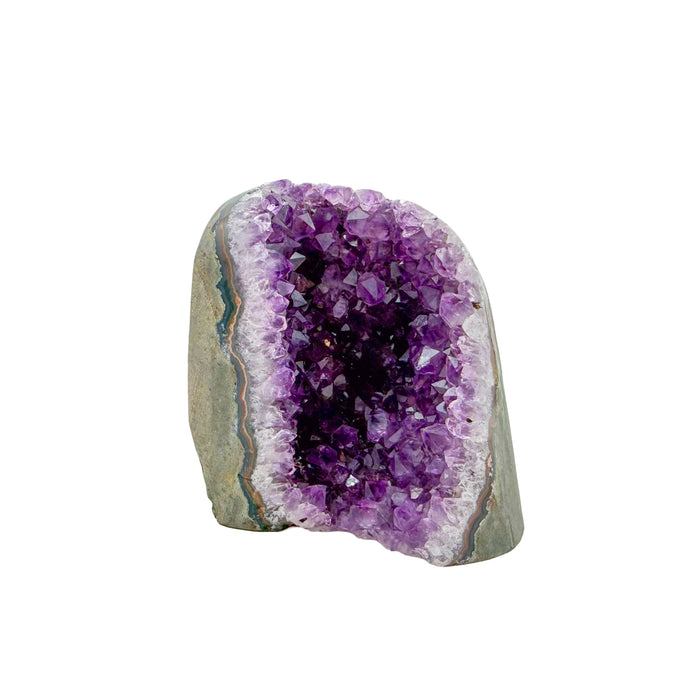 Uruguayan amethyst geode no. 106 at the primary crystal face, violet crystal interior framed by its polished agate shell, 0.93 lb.