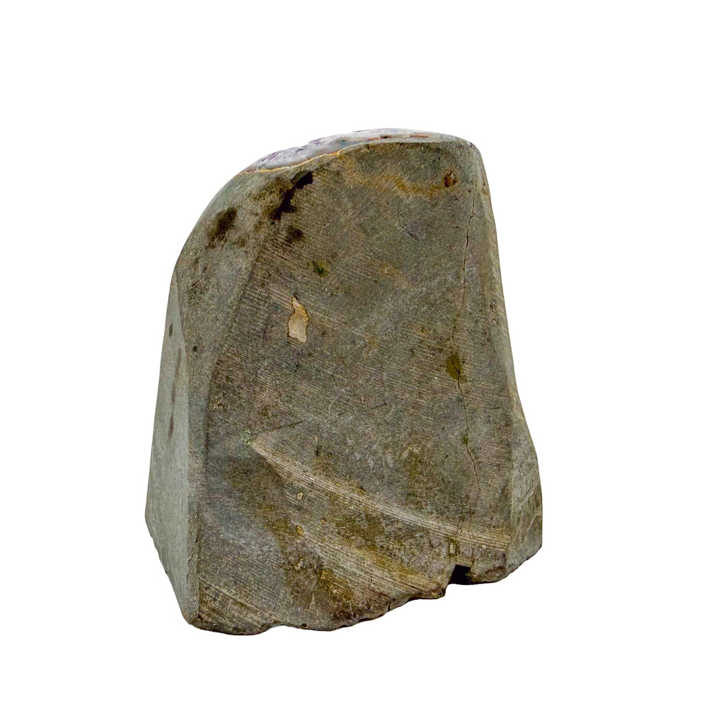Left profile of a 0.93 pound amethyst geode, no. 106, deep purple crystal lining a polished grey agate rind.