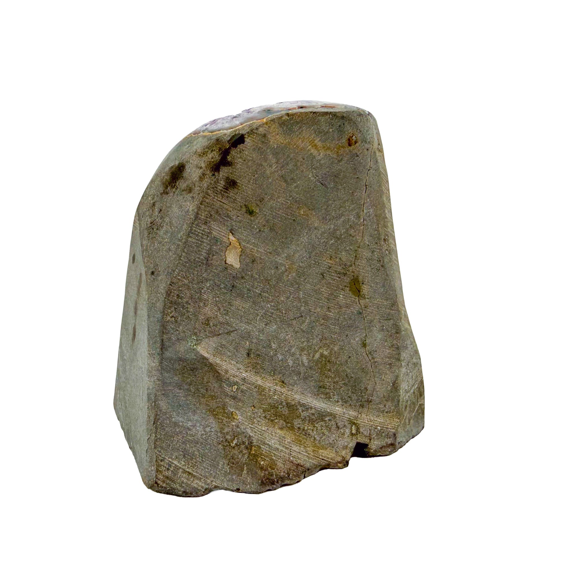 Left profile of a 0.93 pound amethyst geode, no. 106, deep purple crystal lining a polished grey agate rind.