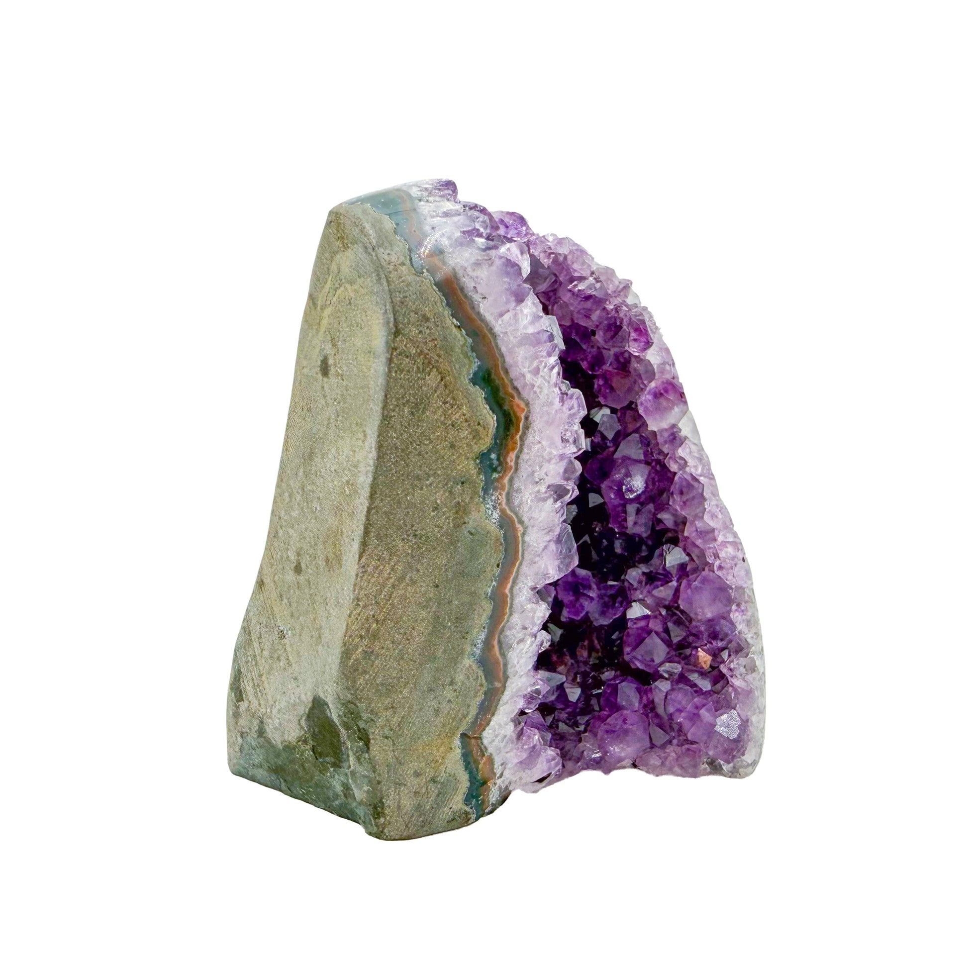 Polished amethyst geode no. 106 photographed at the right profile, measuring 2.84 by 2.48 by 3.00 inches, Uruguayan AA grade.