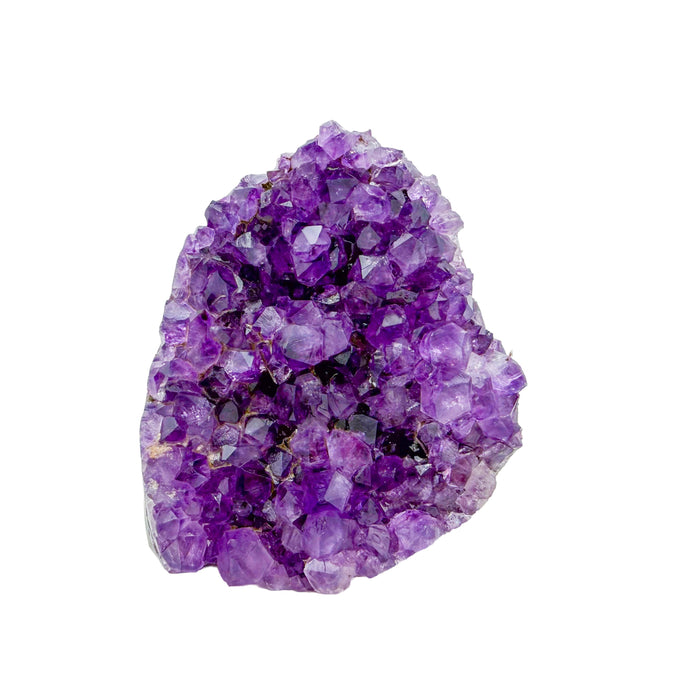 AA-grade amethyst polished geode no. 107 from Artigas, Uruguay, primary crystal face, violet druzy interior on a cut base, 3.16 inches tall.