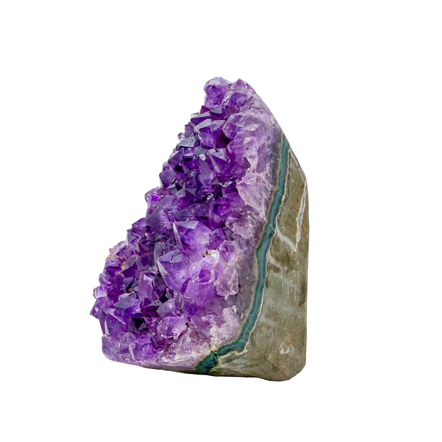 Angled three-quarter view of a 0.92 pound amethyst geode, no. 107, deep purple crystal lining a polished grey agate rind.