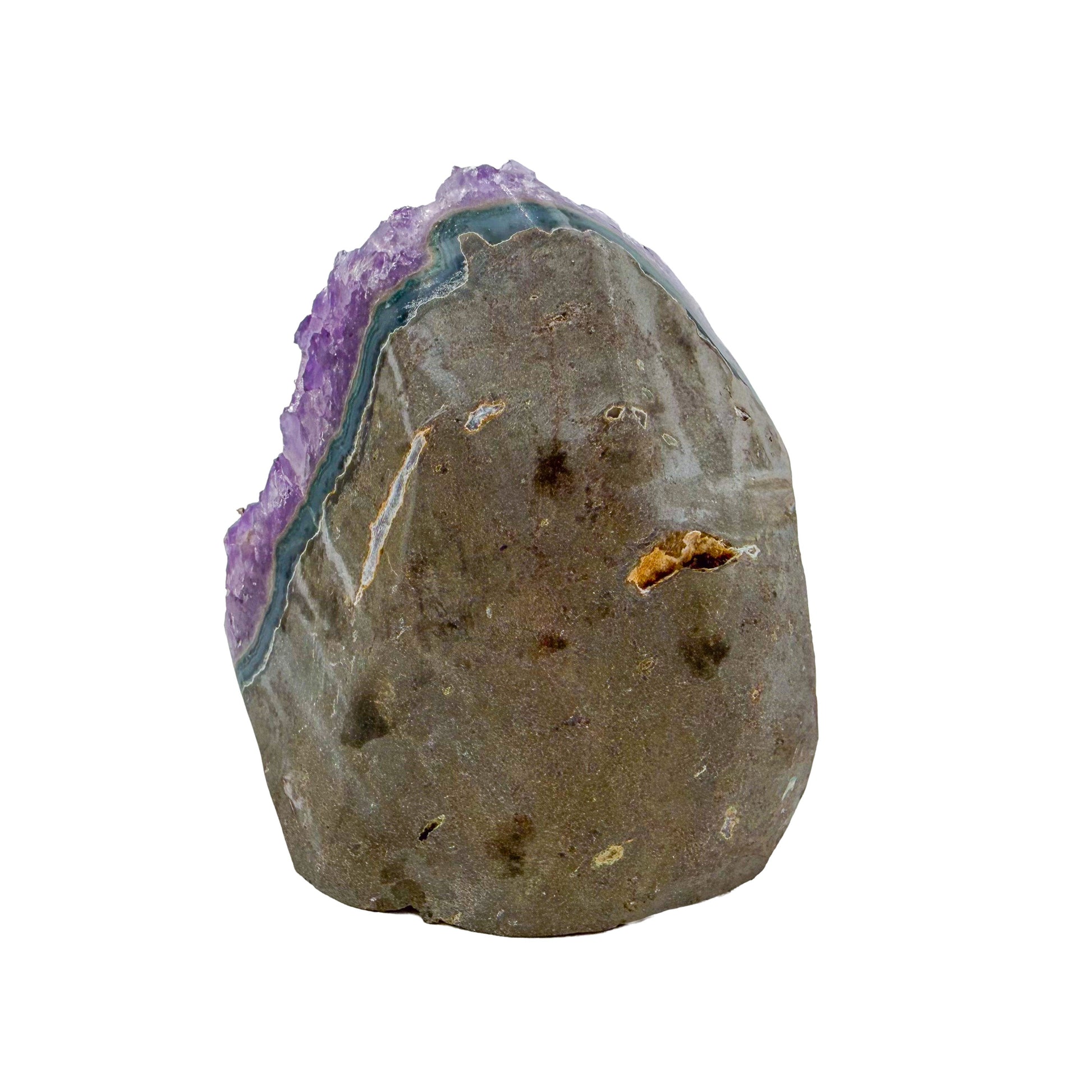 Polished amethyst geode no. 107 photographed at the left profile, measuring 2.72 by 2.56 by 3.16 inches, Uruguayan AA grade.