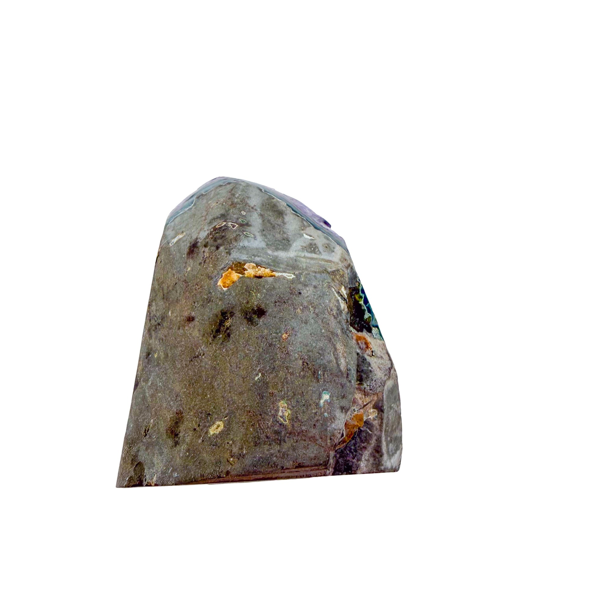 Top-down view of AA amethyst geode no. 107, 2.72 inches across the polished face, natural and untreated.