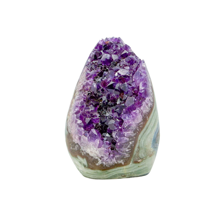 Primary crystal face of a 1.23 pound amethyst geode, no. 108, deep purple crystal lining a polished grey agate rind.