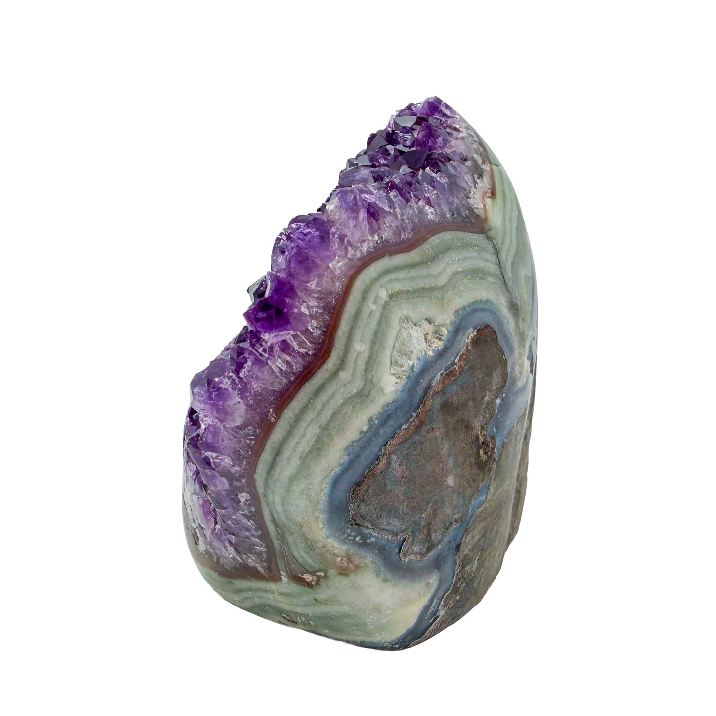 Polished amethyst geode no. 108 photographed at the angled three-quarter view, measuring 3.07 by 2.38 by 3.48 inches, Uruguayan AA grade.