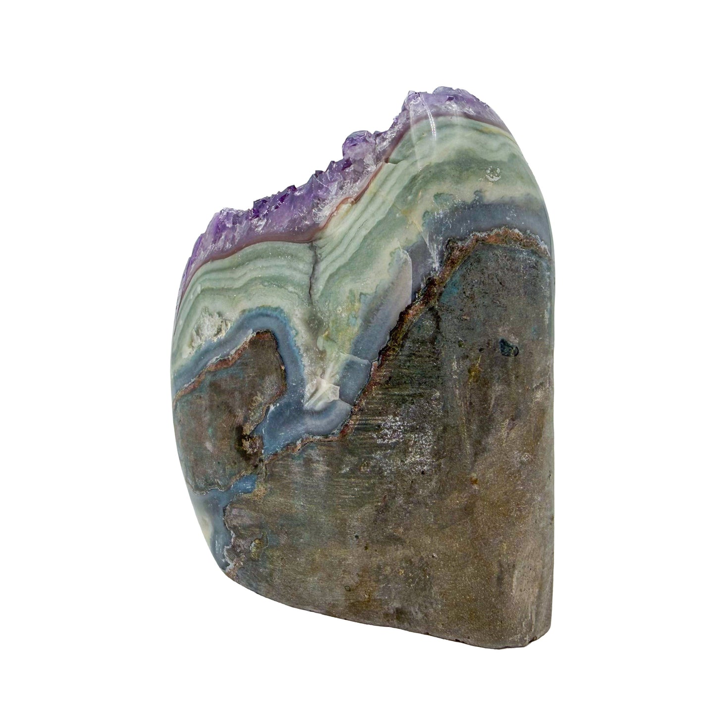 The left profile of amethyst geode no. 108, 3.48 inches of violet druzy standing on a flat cut base.