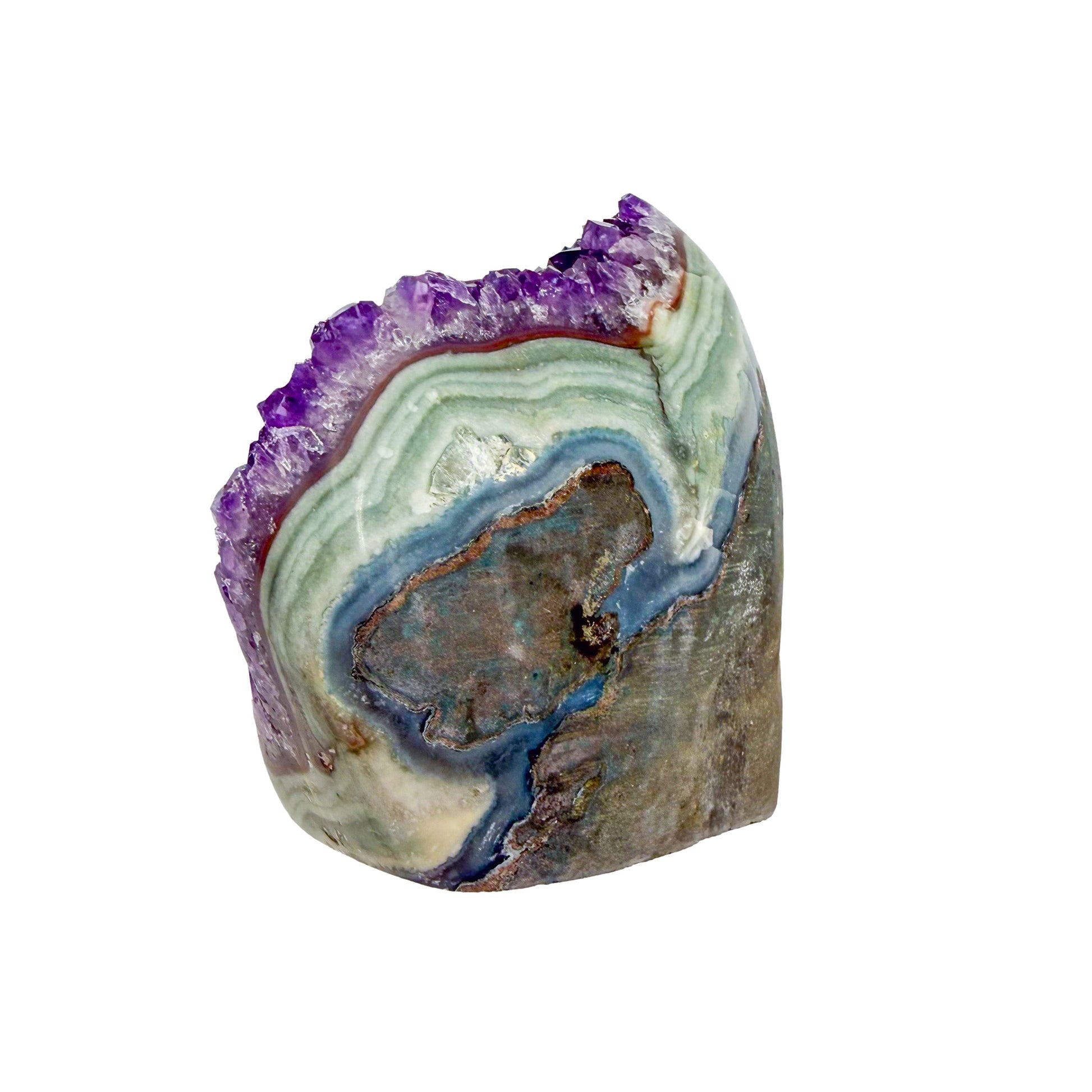 Uruguayan amethyst geode no. 108 at the top-down view, violet crystal interior framed by its polished agate shell, 1.23 lb.