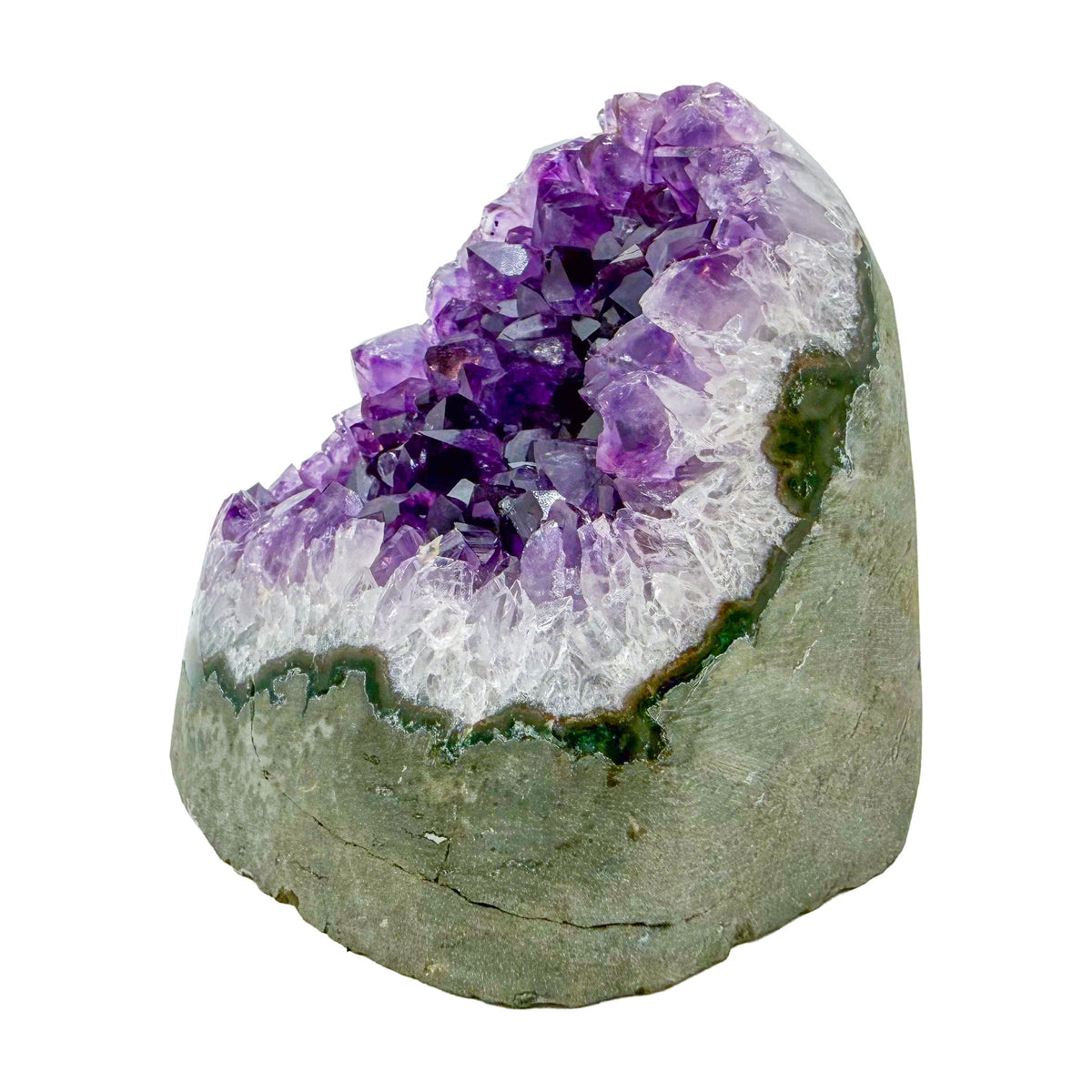 The angled three-quarter view of amethyst geode no. 109, 3.30 inches of violet druzy standing on a flat cut base.