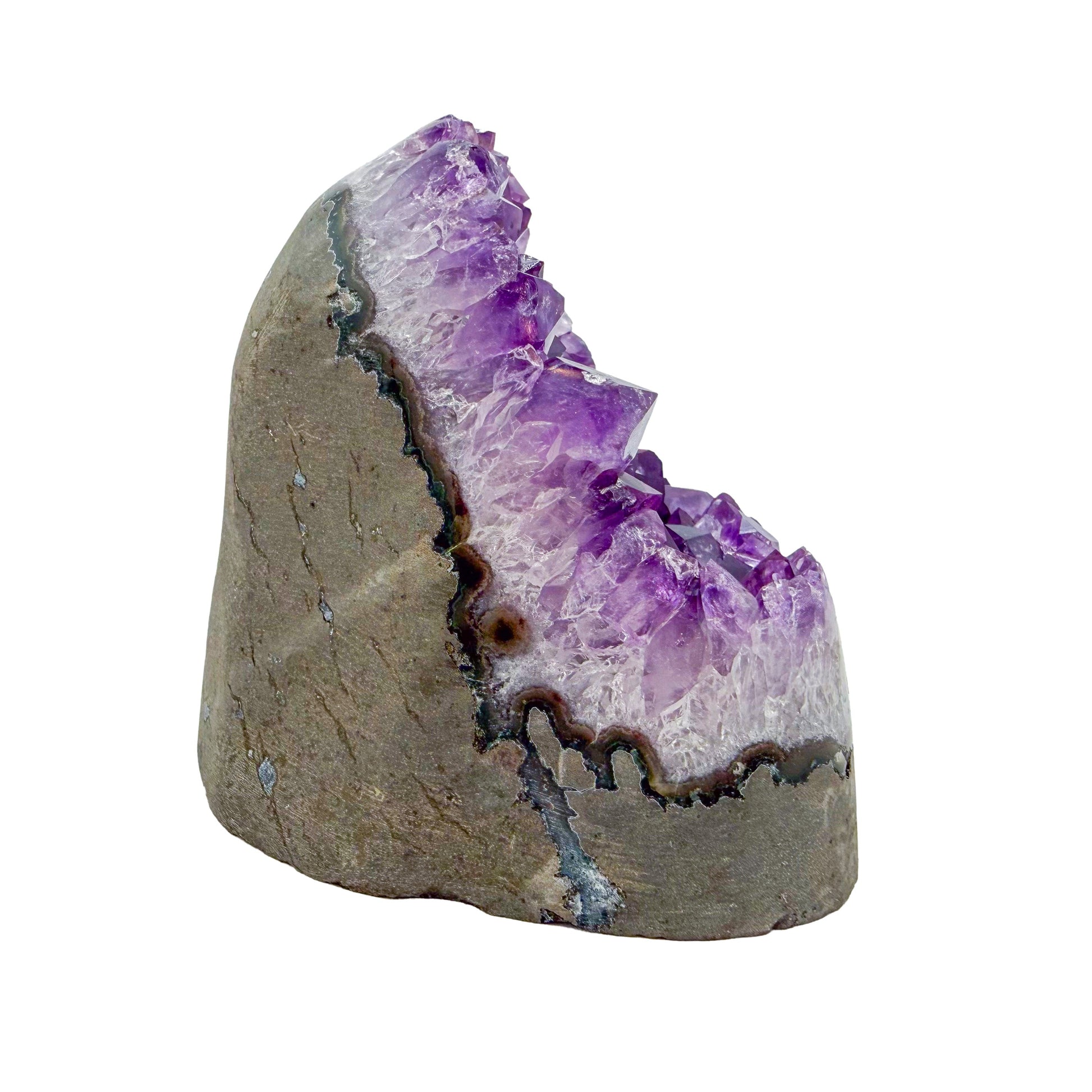 Right profile of AA amethyst geode no. 109, 3.19 inches across the polished face, natural and untreated.
