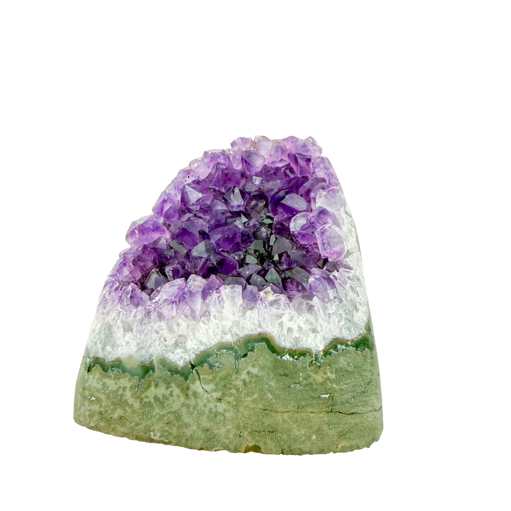 Uruguayan amethyst geode no. 109 at the reverse side, violet crystal interior framed by its polished agate shell, 1.28 lb.