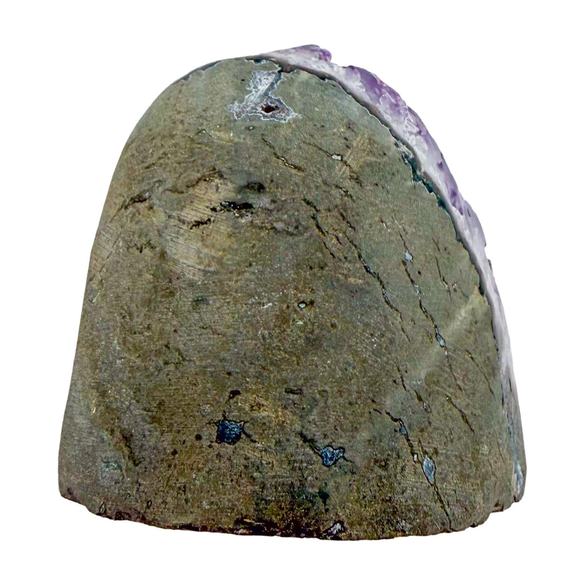 AA-grade amethyst polished geode no. 109 from Artigas, Uruguay, top-down view, violet druzy interior on a cut base, 3.30 inches tall.