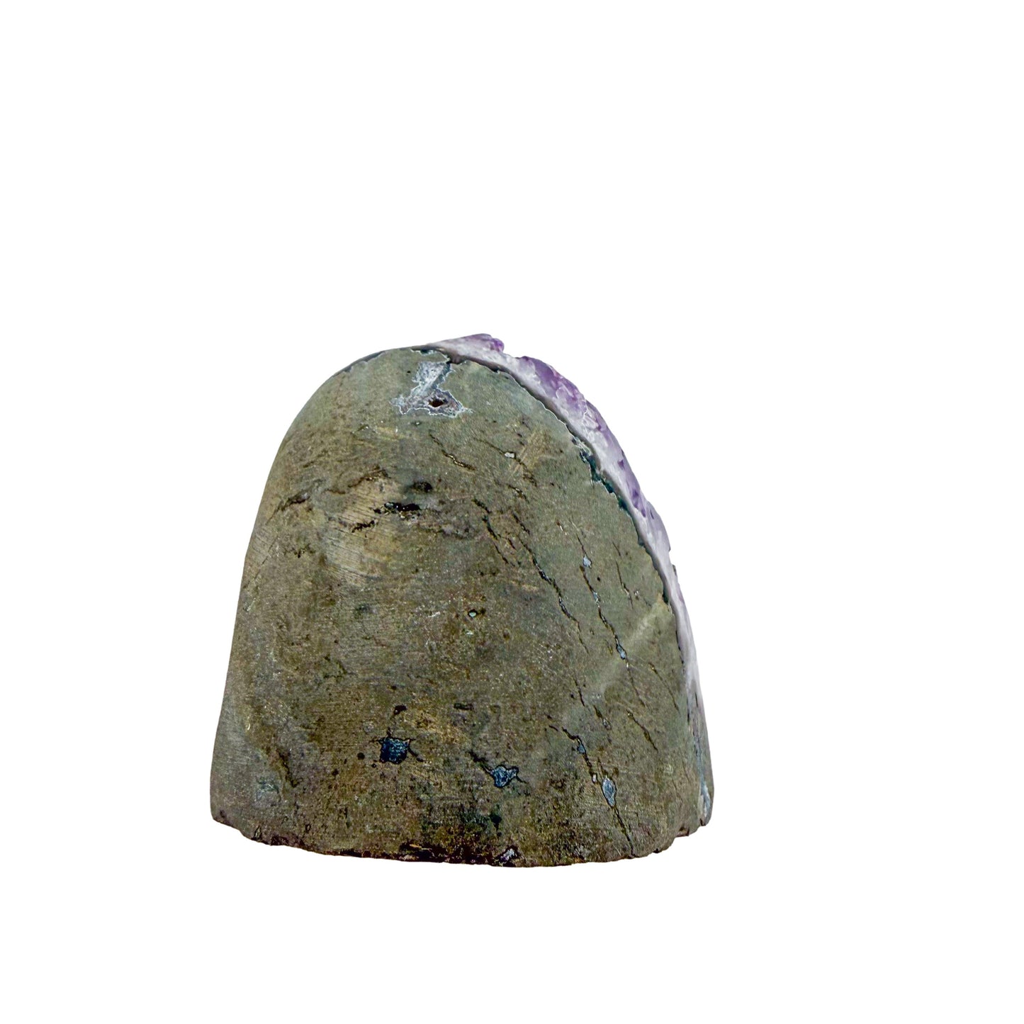 AA-grade amethyst polished geode no. 109 from Artigas, Uruguay, top-down view, violet druzy interior on a cut base, 3.30 inches tall.