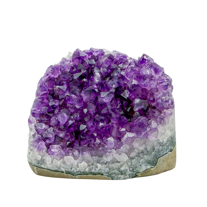 The primary crystal face of amethyst geode no. 110, 3.84 inches of violet druzy standing on a flat cut base.