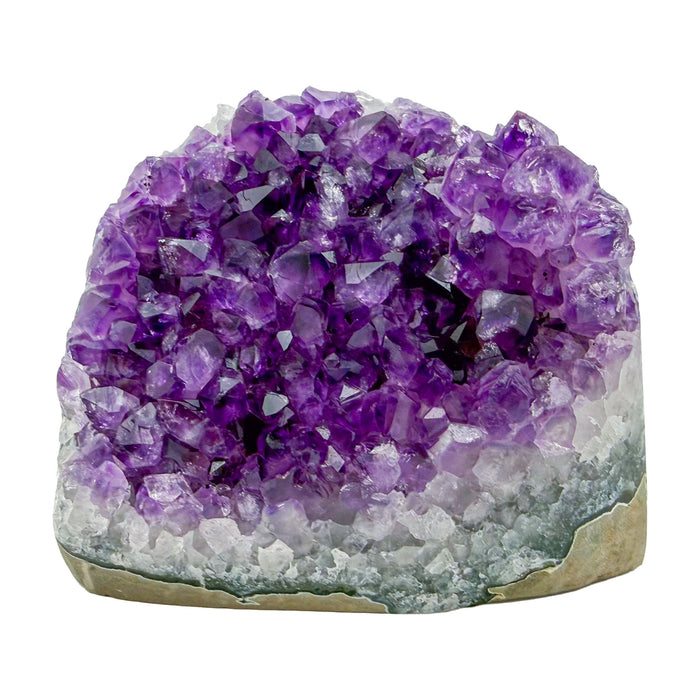 The primary crystal face of amethyst geode no. 110, 3.84 inches of violet druzy standing on a flat cut base.
