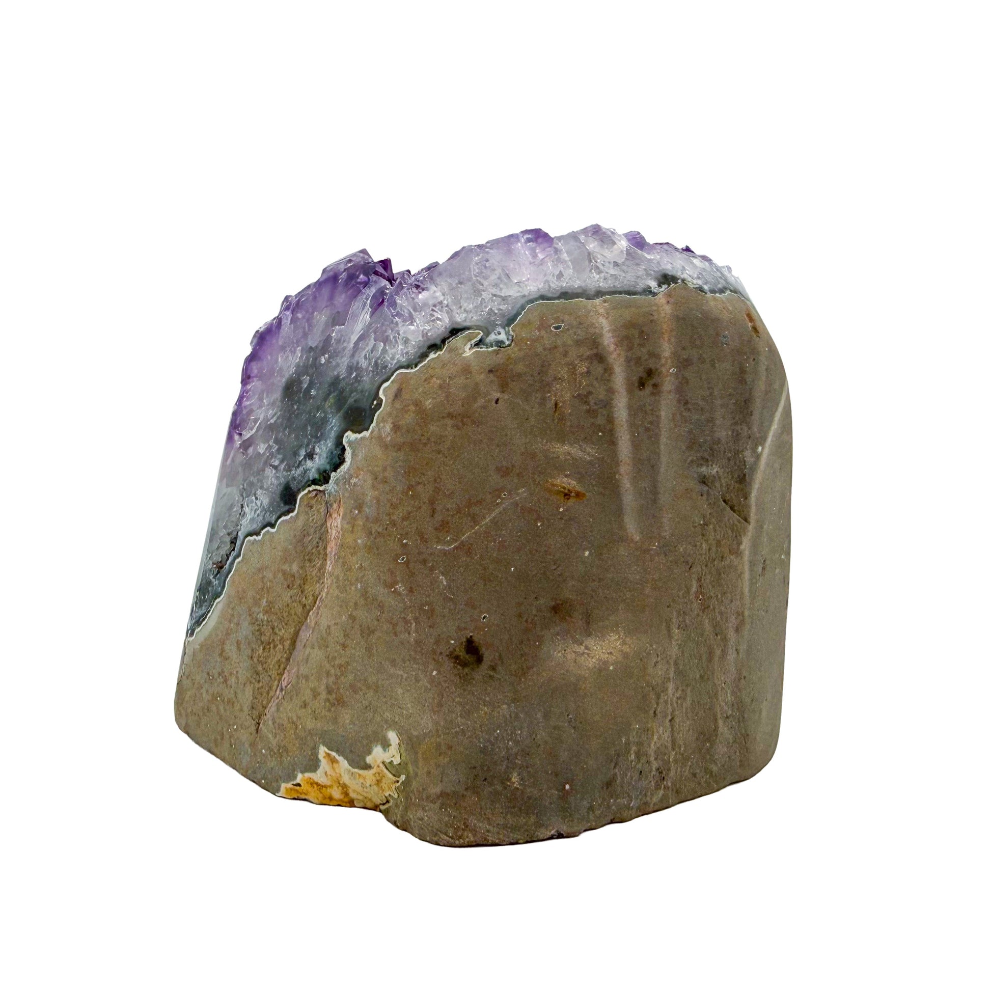 Left profile of AA amethyst geode no. 110, 4.46 inches across the polished face, natural and untreated.