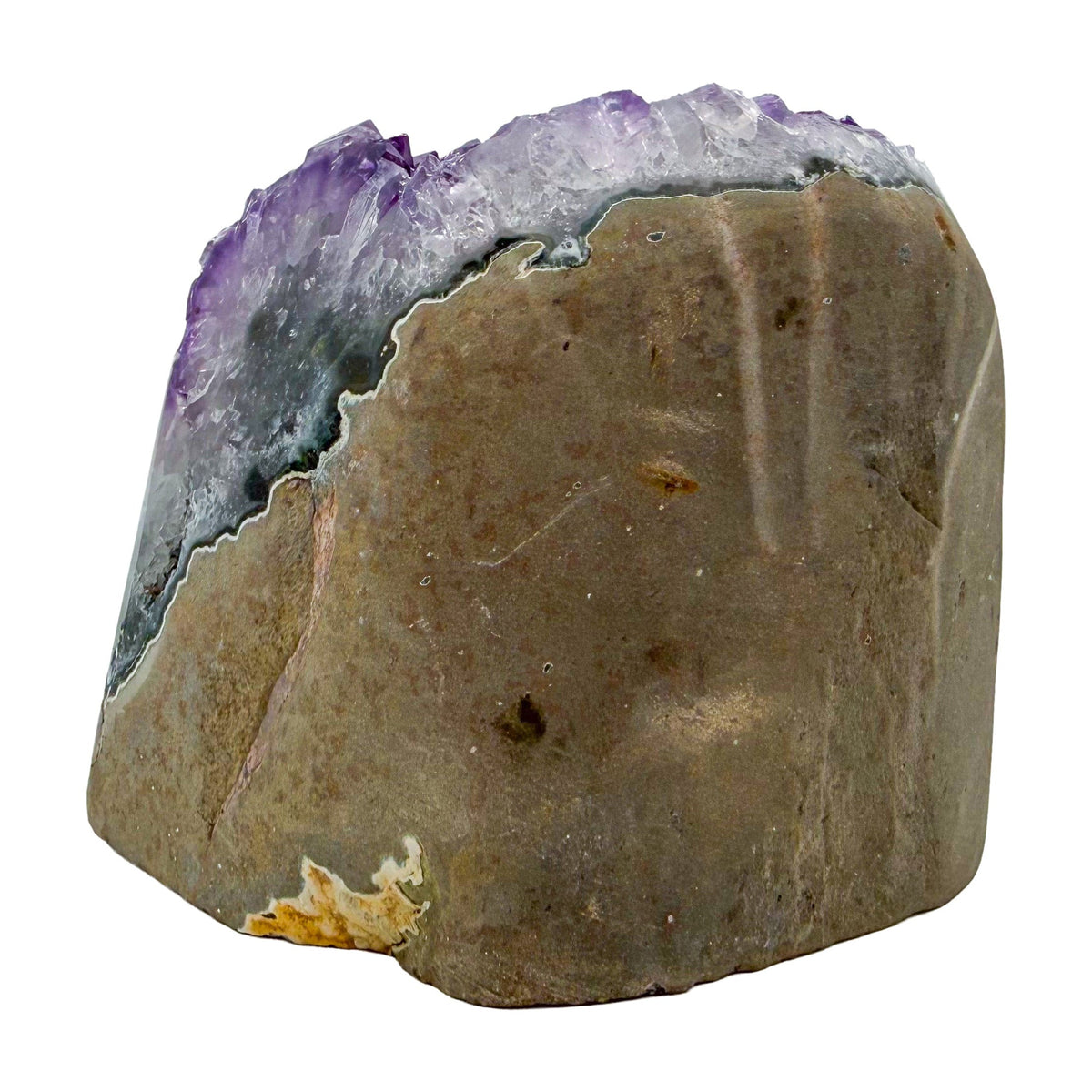 Left profile of AA amethyst geode no. 110, 4.46 inches across the polished face, natural and untreated.